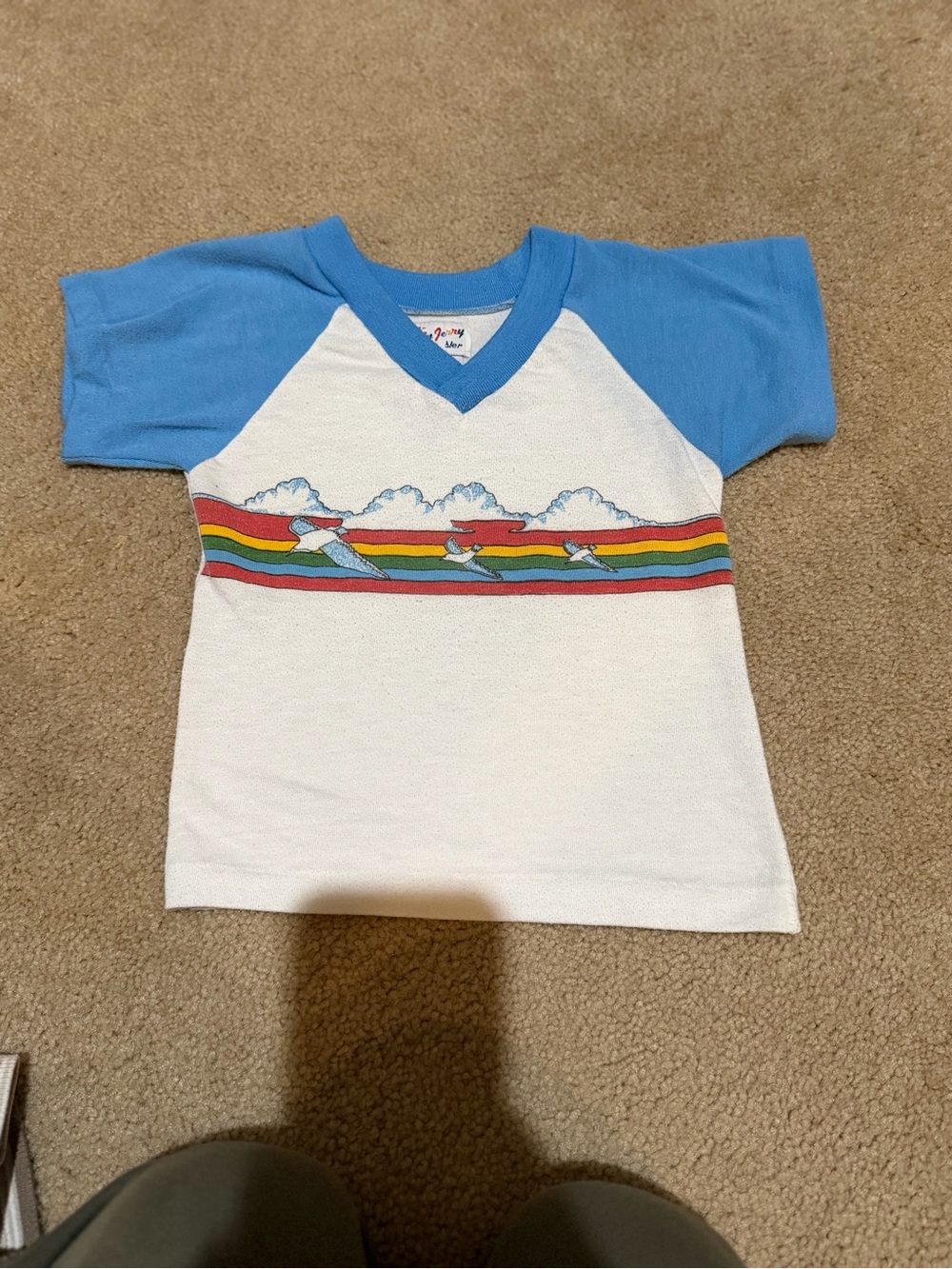 Vintage Blue & White Kids V-Neck Tee with Rainbow Surf Stripe